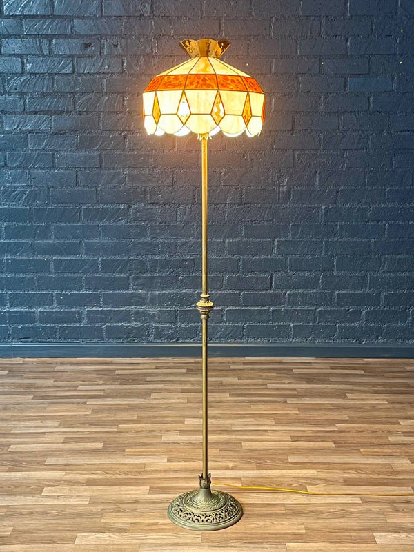 Tiffany Style Art Nouveau Style Floor Lamp w/ Slag Amber & Cream Glass Shade, c.1940’s
