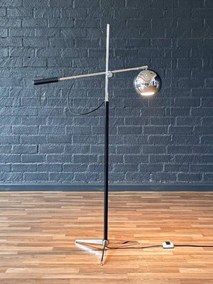 Mid-Century Modern Adjustable Chrome Orb Floor Lamp w/ Leather-Wrapped Handle, c.1970’s