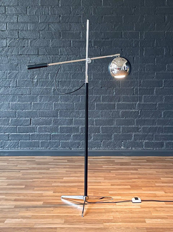 Mid-Century Modern Adjustable Chrome Orb Floor Lamp w/ Leather-Wrapped Handle, c.1970’s
