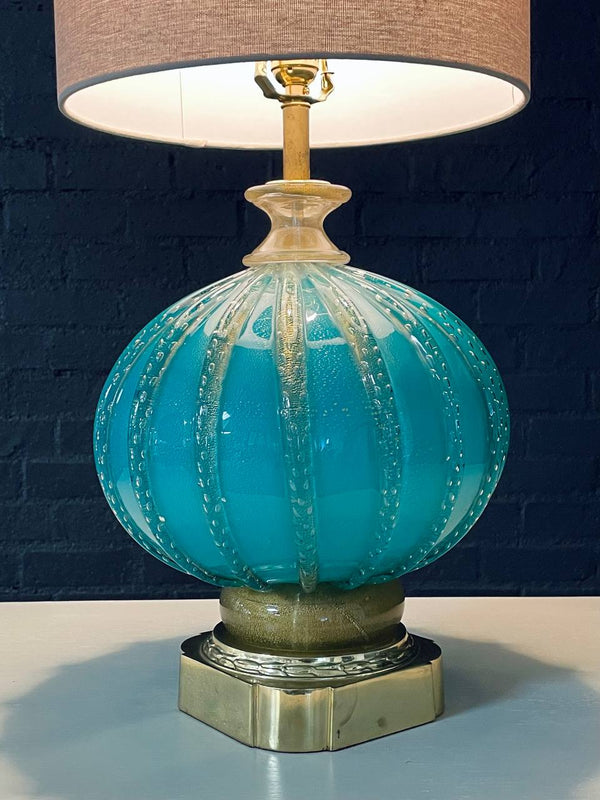 Hollywood Regency Italian Murano Glass & Brass Table Lamp in Turquoise Bullicante, c.1960’s