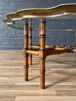 Mid-Century Brass Scalloped Glass Coffee Table w/ Faux Bamboo Base by Baker, c.1970’s