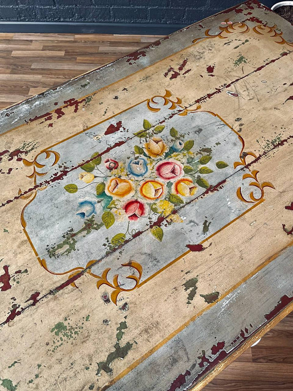 American Farmhouse Painted Oak Harvest Dining Table, Distressed Finish, 1940’s