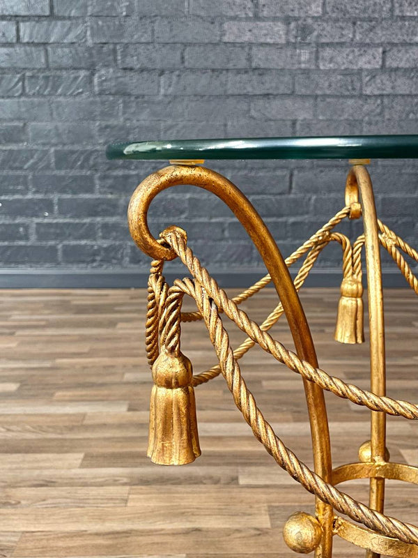 Italian Hollywood Regency Gilt Metal Rope & Tassel Side Table w/ Glass Top, c.1960’s