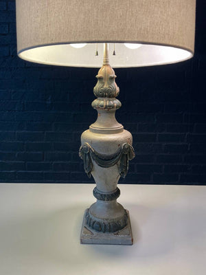 Pair of Antique Italian Neoclassical Carved Wood Urn Table Lamps w/ Draped Garlands, c.1920’s