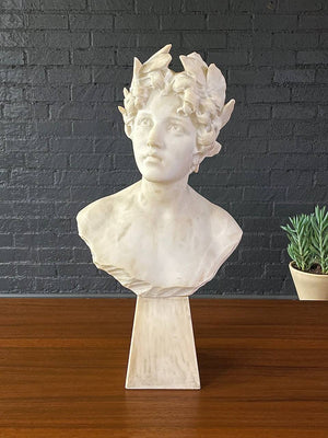 Signed Carved Alabaster Neoclassical Sculpture of Giuseppe Bessi Bust on Stand, c. 1920’s
