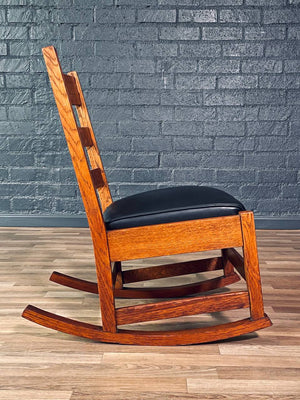 Arts & Craft Mission Tiger Oak & Leather Rocking Chair by Stickley, c.1910’s