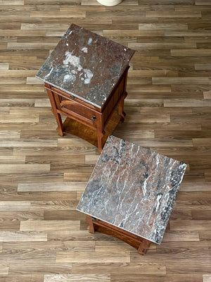 Pair of French Art Deco Style Oak Night Stands with Marble Tops, c.1940’s