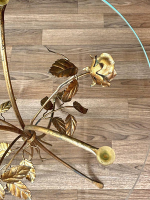 Italian Hollywood Regency Gilt-Metal Rose & Leaf Side Table w/ Glass Top, c.1960’s