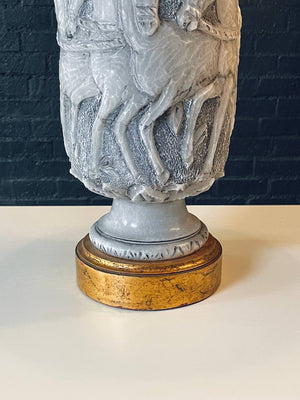 Pair of Monumental Neoclassical Revival Marble Table Lamps w/ Mythological Bas-Relief, c.1960s