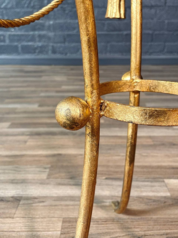 Italian Hollywood Regency Gilt Metal Rope & Tassel Side Table w/ Glass Top, c.1960’s