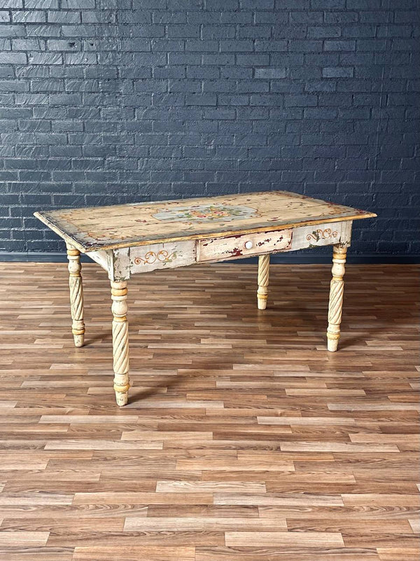 American Farmhouse Painted Oak Harvest Dining Table, Distressed Finish, 1940’s