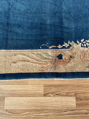 Antique Chinese Art Deco Rug w/ Blue Field & Cream Border, c.1920’s