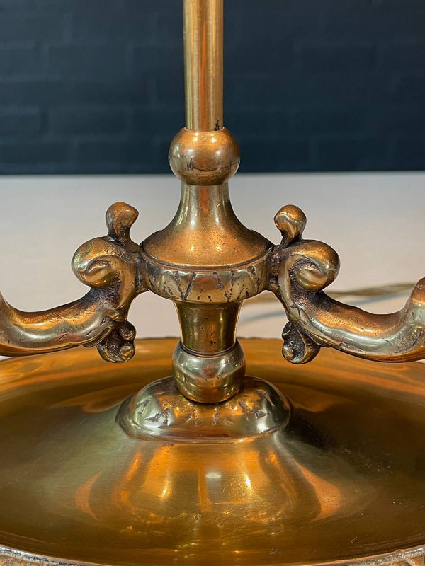 Vintage French Bouillette Double Brass Table Lamp with Tole Shade, c.1960’s
