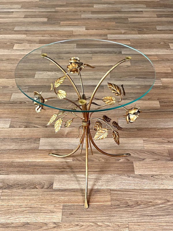 Italian Hollywood Regency Gilt-Metal Rose & Leaf Side Table w/ Glass Top, c.1960’s