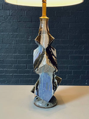 Mid-Century Brutalist Studio Ceramic Table Lamp w/ Sculptural Glazed Form, c.1960s