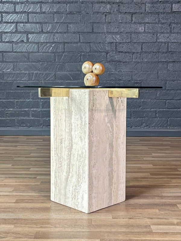 Italian Post Modern Travertine Stone & Brass Side Table by Artedi, c.1970’s
