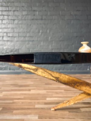Mid-Century Brutalist Sculptural Torch Cut Steel Coffee Table w/ Glass Top, c.1970’s