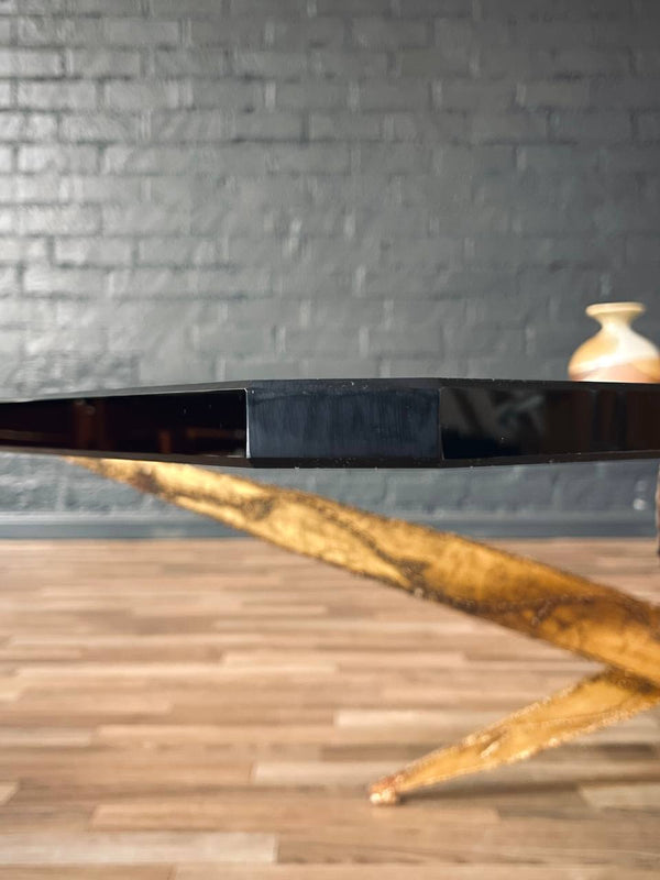 Mid-Century Brutalist Sculptural Torch Cut Steel Coffee Table w/ Glass Top, c.1970’s