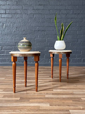 Pair of Antique French Louis XVI Style Marble-Top Side Tables w/ Brass Gallery, c.1930s