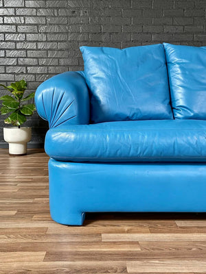 Vintage Post Modern Blue Leather Sofa, c.1980’s