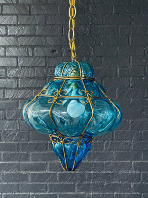 Pair of Vintage Turquoise Bubble Glass & Gilt-Metal Pendant Lantern Lights, c.1960’s
