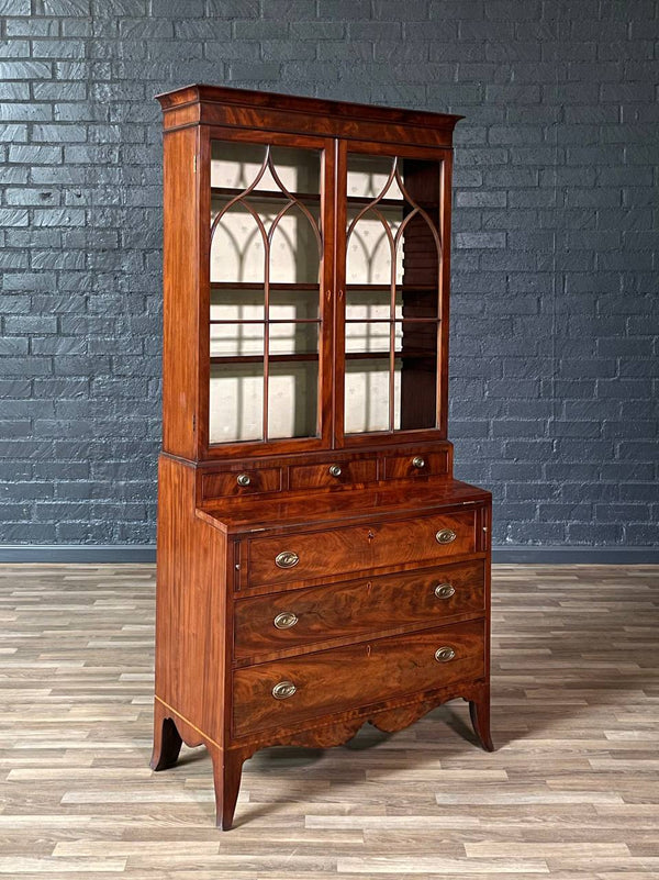 English Georgian Sheraton Style Flame Mahogany Secretary Bookcase, c.1900’s