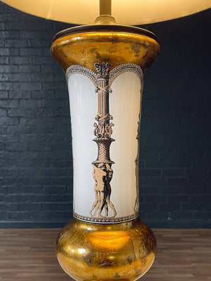 French Neoclassical Style Reverse Painted Glass w/ Classical Male Figural Motifs Table Lamp, c.1930’s