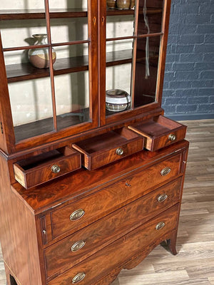 English Georgian Sheraton Style Flame Mahogany Secretary Bookcase, c.1900’s