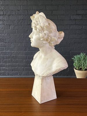 Signed Carved Alabaster Neoclassical Sculpture of Giuseppe Bessi Bust on Stand, c. 1920’s