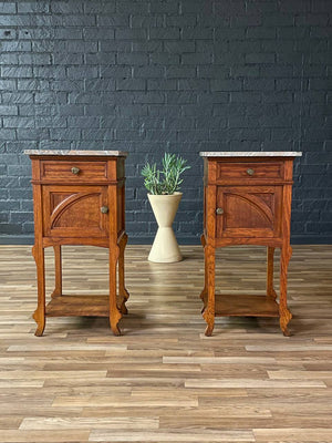 Pair of French Art Deco Style Oak Night Stands with Marble Tops, c.1940’s