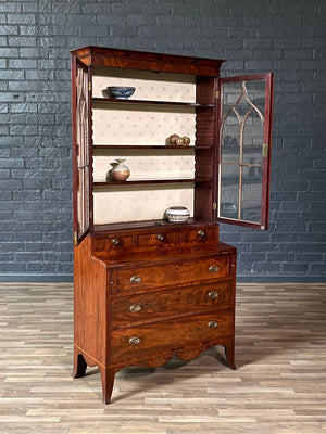 English Georgian Sheraton Style Flame Mahogany Secretary Bookcase, c.1900’s