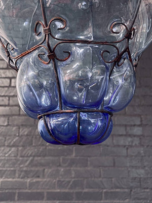 Pair of Vintage Blue Bubble Glass & Iron Pendant Lantern Lights, c.1960’s