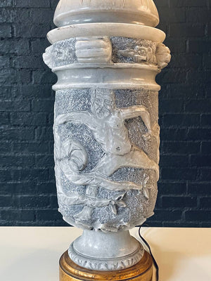 Pair of Monumental Neoclassical Revival Marble Table Lamps w/ Mythological Bas-Relief, c.1960s