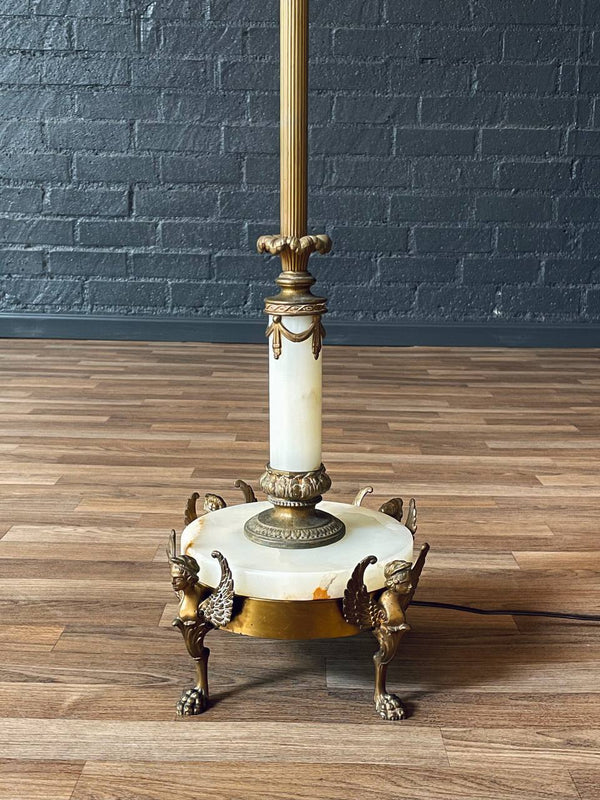 Antique French Neoclassical Style Gilt Bronze & Onyx Floor Lamp w/ Winged Caryatids, c.1930s