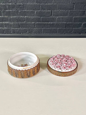 Antique German Elfinware Porcelain Roses Trinket Box w/ Brass Accents, c.1960’s