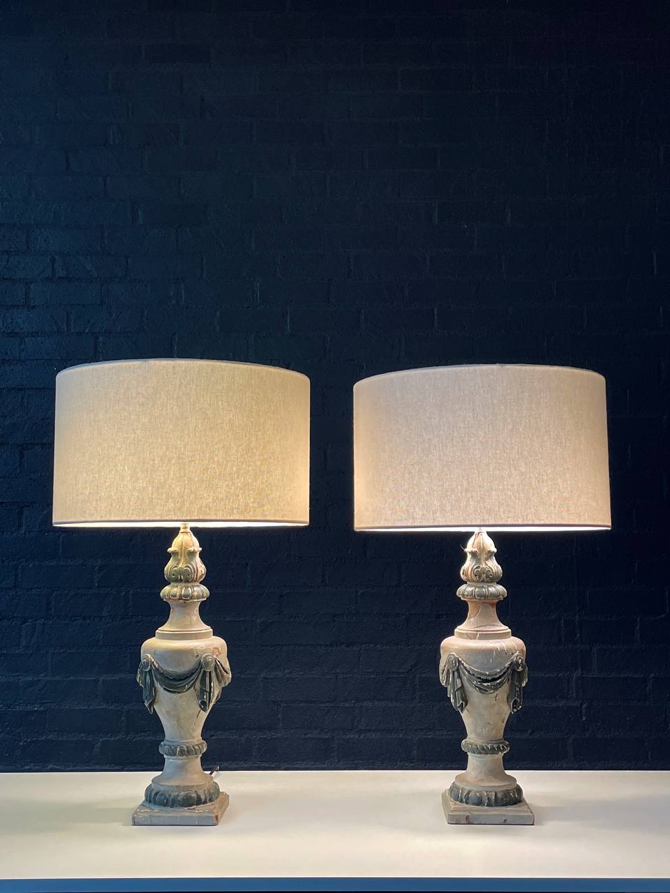 Pair of Antique Italian Neoclassical Carved Wood Urn Table Lamps w