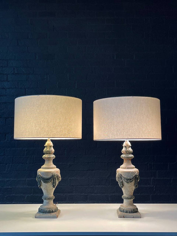 Pair of Antique Italian Neoclassical Carved Wood Urn Table Lamps w/ Draped Garlands, c.1920’s