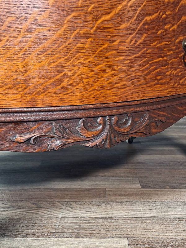 American Edwardian Colonial Style Tiger Oak Bombe Highboy Dresser w/ Hidden Cabinet, c.1920’s