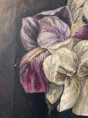 Antique 1894 Still Life Oil Painting of Irises in Ornate Gilded Frame – Signed M. Merle