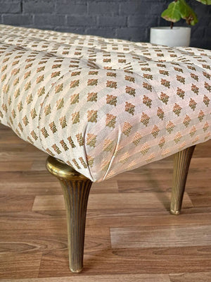 Mid-Century Hollywood Regency Tufted Bench w/ Brass Fluted Legs, c.1960s