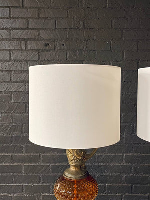 Pair of Hollywood Regency Lamps w/ Hobnail Amber Glass, c.1960’s