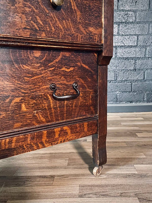 Antique Victorian Eastlake Tiger Oak Dresser with Beveled Mirror, c.1920’s