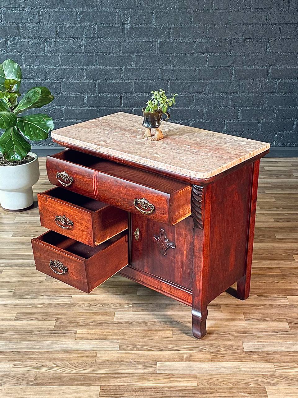 Antique Serpentine Entry Stand Dresser w/ Pink Marble Top, c.1940's Vintage Supply Antique Serpentine Entry Stand Dresser w/ Pink Marble Top, c.1940's Vintage Supply
