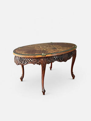 Antique French Louis XV-Style Inlayed & Carved Coffee Table Rustic Farmhouse, c.1950’s
