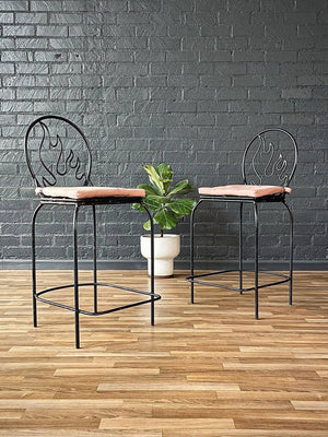 Pair of Post Modern Memphis-Style Wrought Iron Barstools w/ Flame Backrest, c.1980s