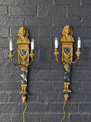 Pair of Italian Neoclassical Egyptian Revival Giltwood Sphinx Wall Sconces, c.1950’s
