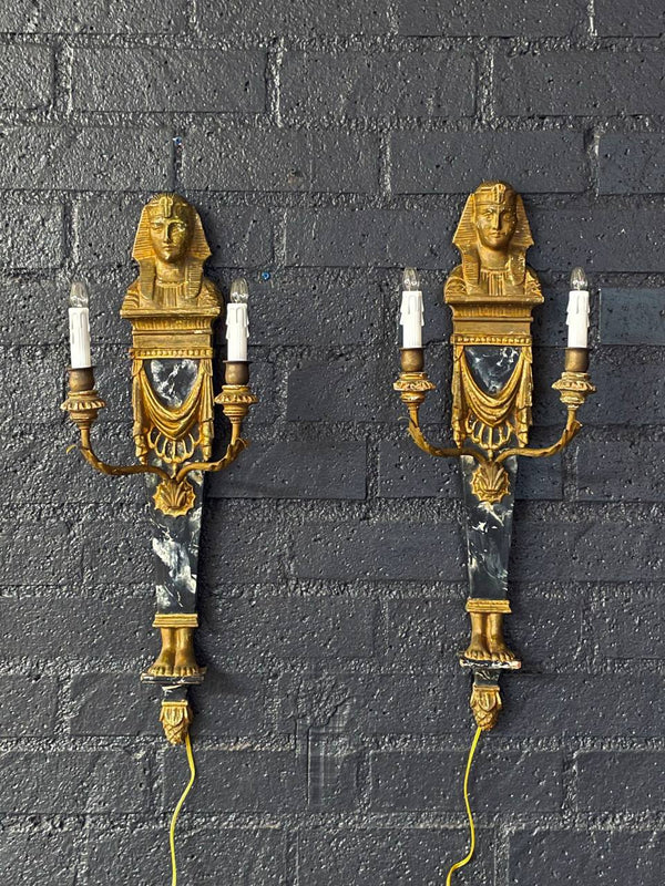 Pair of Italian Neoclassical Egyptian Revival Giltwood Sphinx Wall Sconces, c.1950’s
