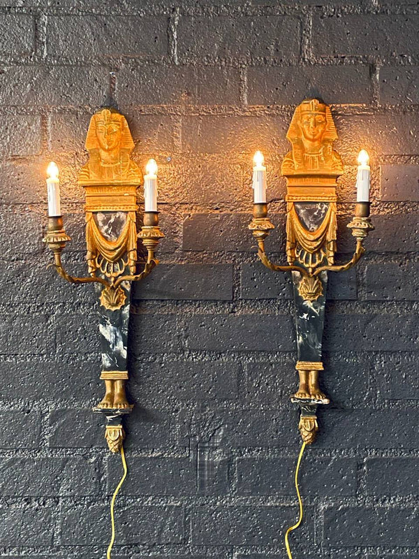 Pair of Italian Neoclassical Egyptian Revival Giltwood Sphinx Wall Sconces, c.1950’s