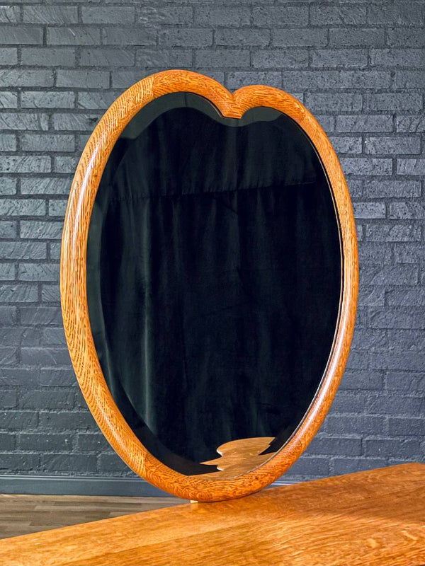 French Art Nouveau Style Tiger Oak Dressing Desk w/ Sculpted Cabriole Legs & Heart Mirror, c.1920’s
