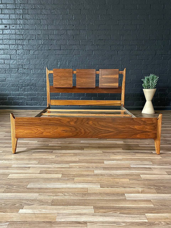 Mid-Century Modern Sculpted Walnut Full-Size Bed Frame by United Furniture, c.1960’s